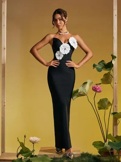 Vestido sem alças flores 3D - Zala