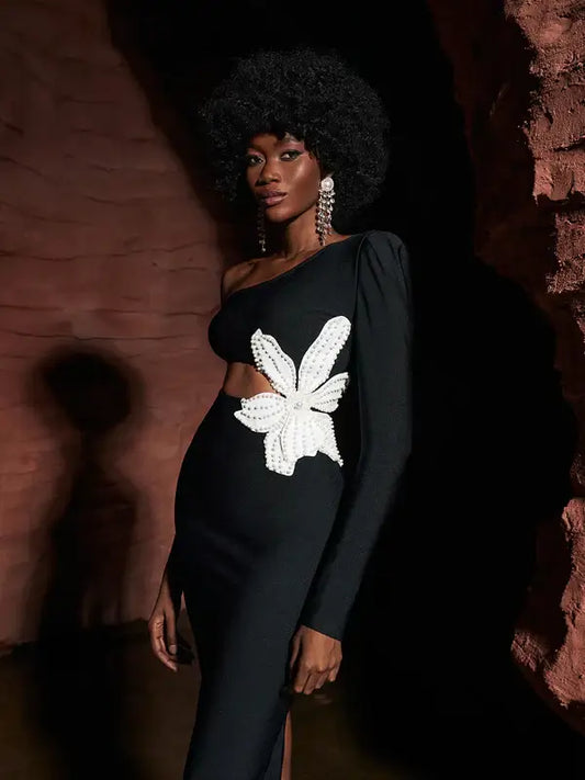 Vestido ombro único recorte flor - Suzi