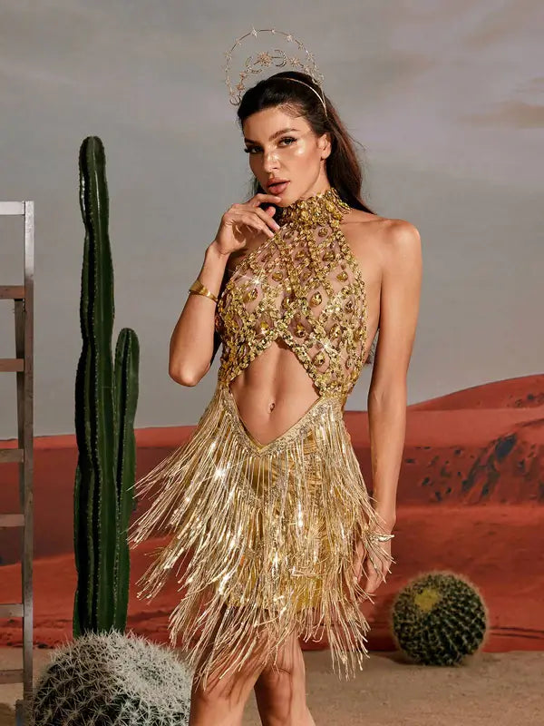 Vestido luxo franja e apliques - Ilóre