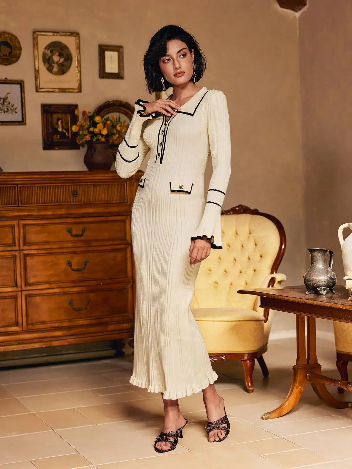 Vestido malha canelada babados - Stacy