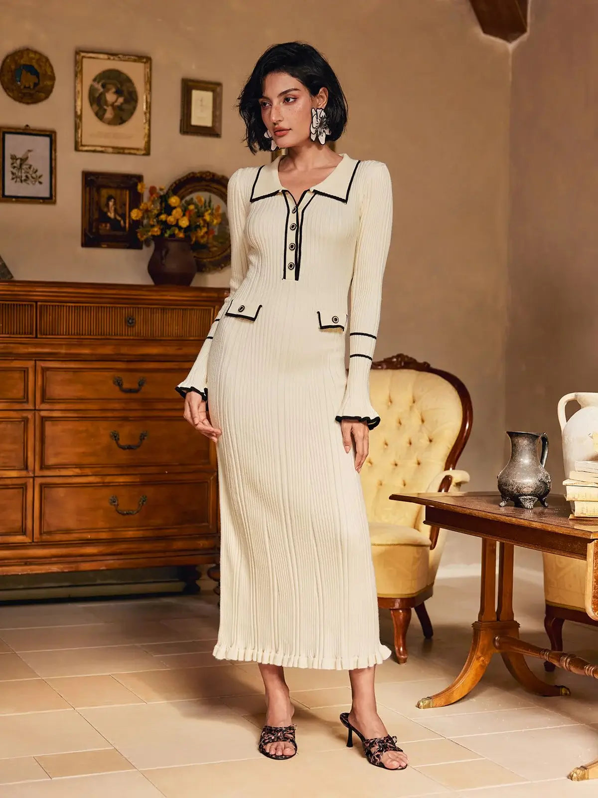 Vestido malha canelada babados - Stacy