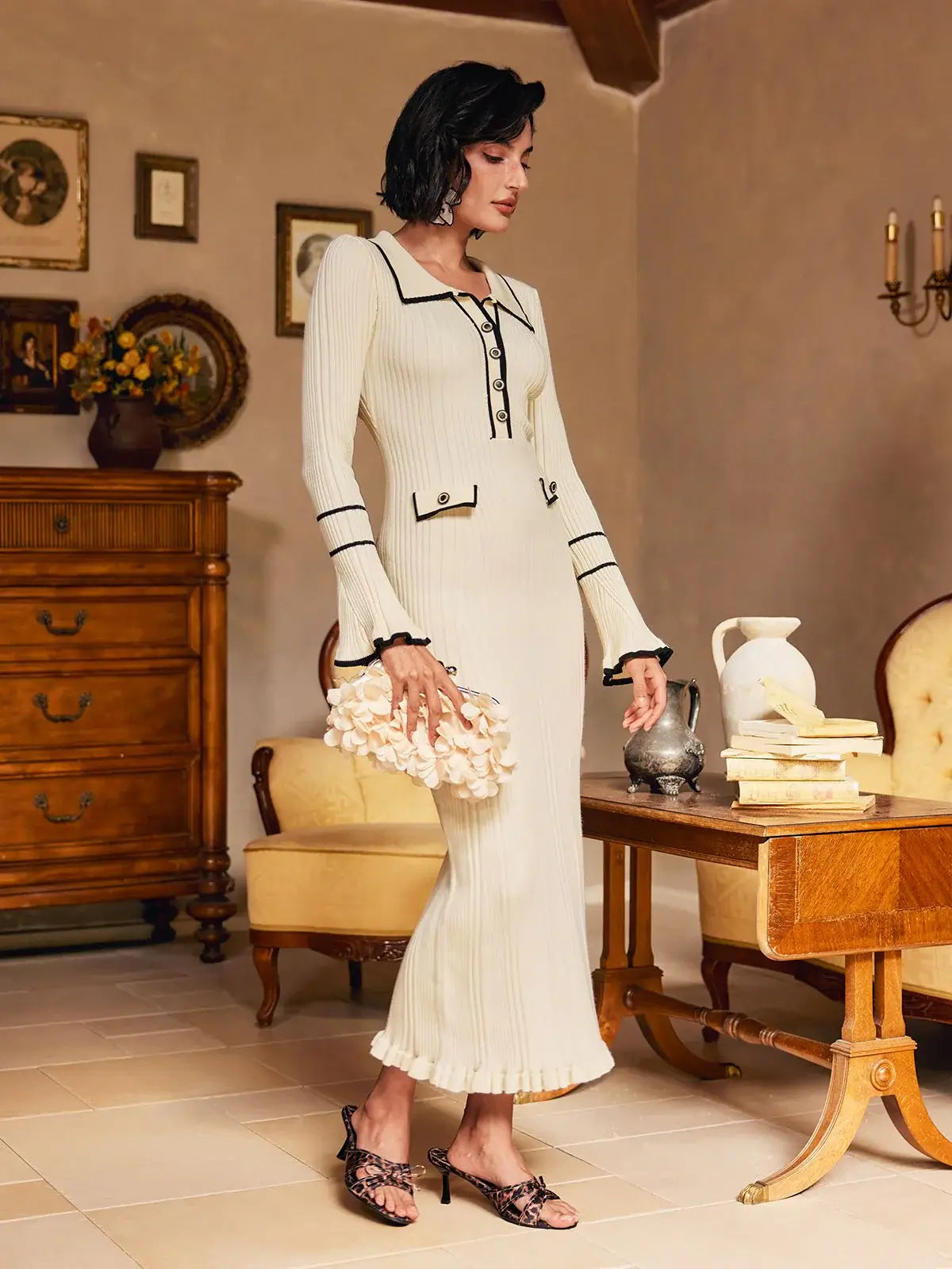 Vestido malha canelada babados - Stacy