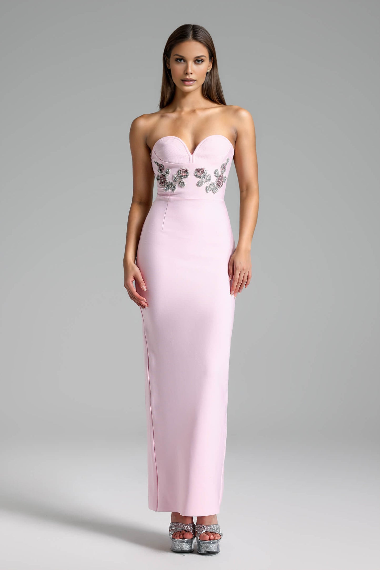 Vestido longo sem alças bordado - Sheila