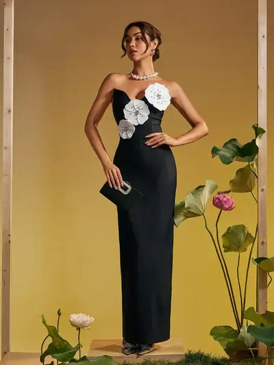 Vestido sem alças flores 3D - Zala