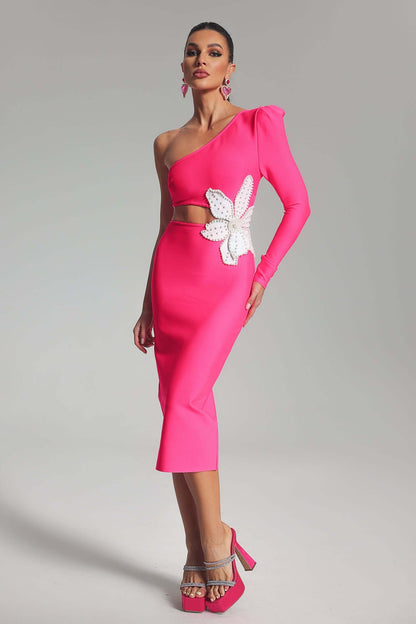 Vestido ombro único recorte flor - Suzi