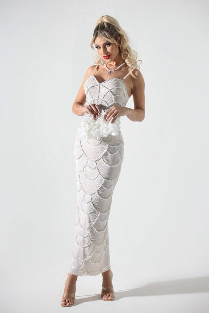 Vestido luxo pérolas brancas - Thalia
