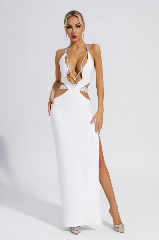 Vestido costas nuas strass e recorte - Ulian